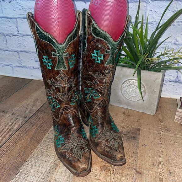 Corral Womens Whiskey Turquoise Blue Cross Brown Embroidered Western Boots - Picture 2 of 16